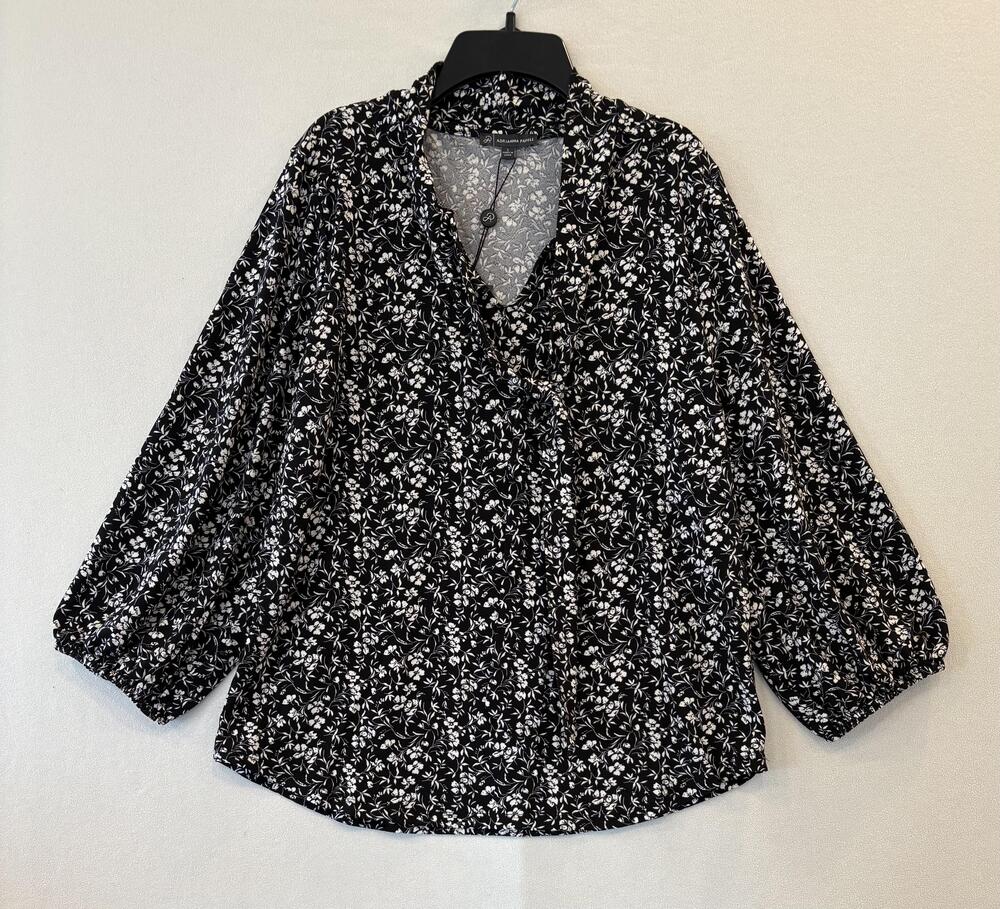 Adrianna Papell Blouse Womens Large Black Floral Tie Neck Long Sleeve Top